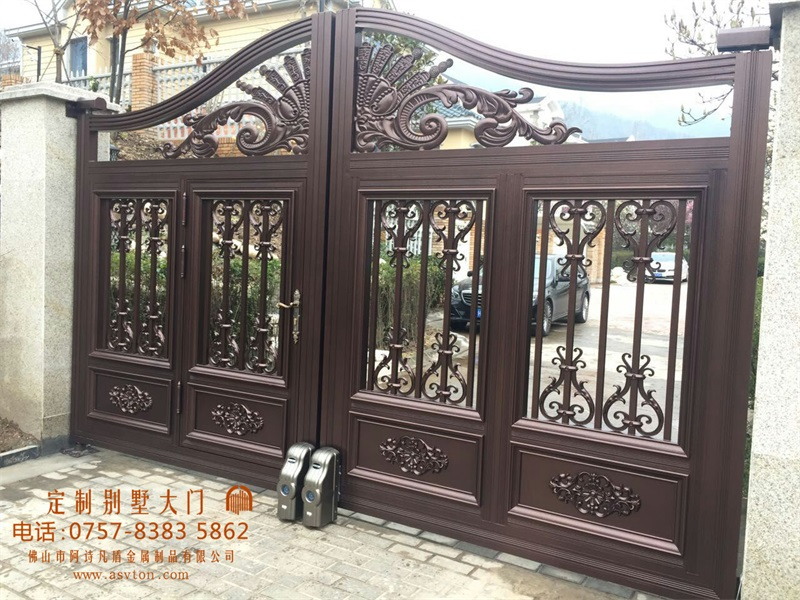 别墅门效果图 电动庭院大门 小区车库铝合金平双开对开门 (图)