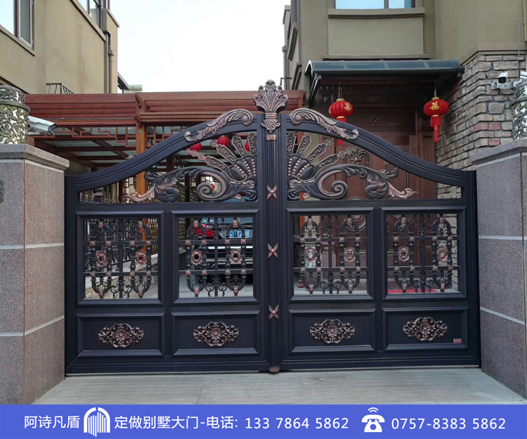 黑色加花件描金铝艺大门别墅车库电动正门