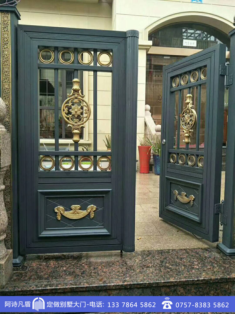 青灰色拼管铝艺门现代装修别墅进户门图片